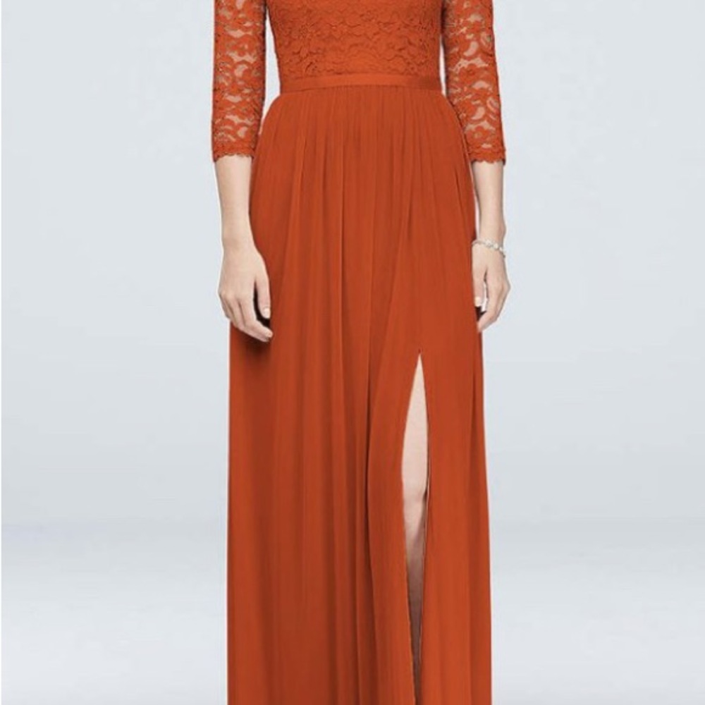 David's Bridal Rust Lace Bodice Long Sleeve Evening Gown